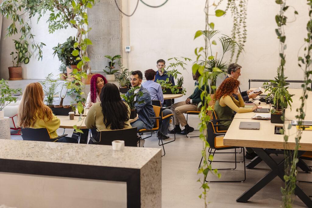 Diverse professionals collaborating in a modern workspace